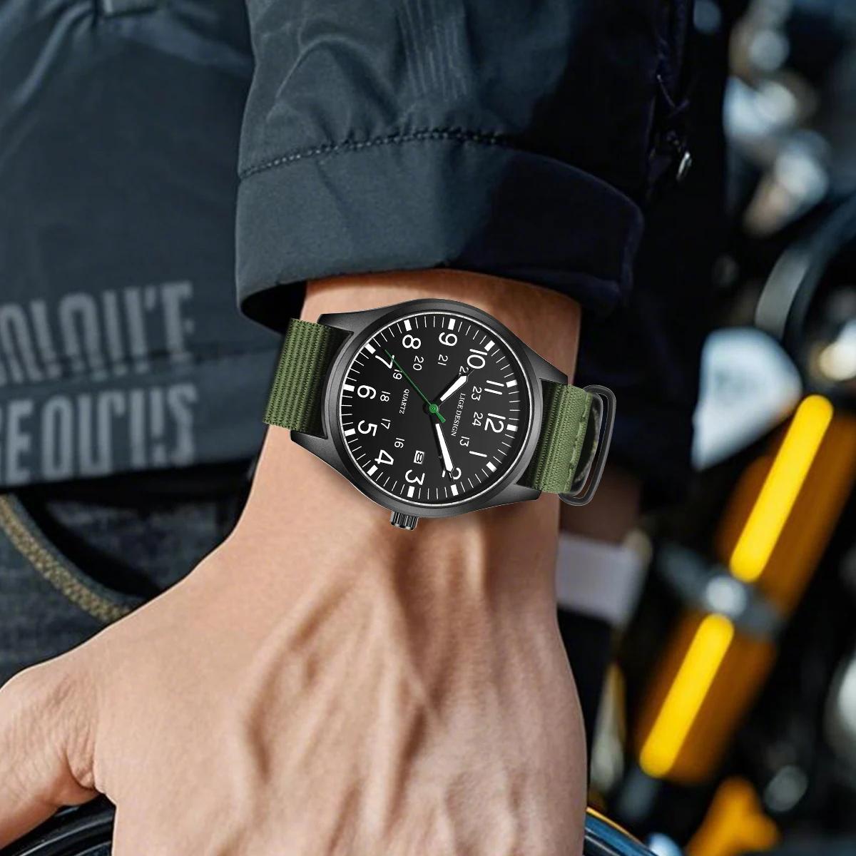 LIGE Top marque de luxe hommes montre à Quartz Date Nylon cuir étanche lumineux militaire sport mont