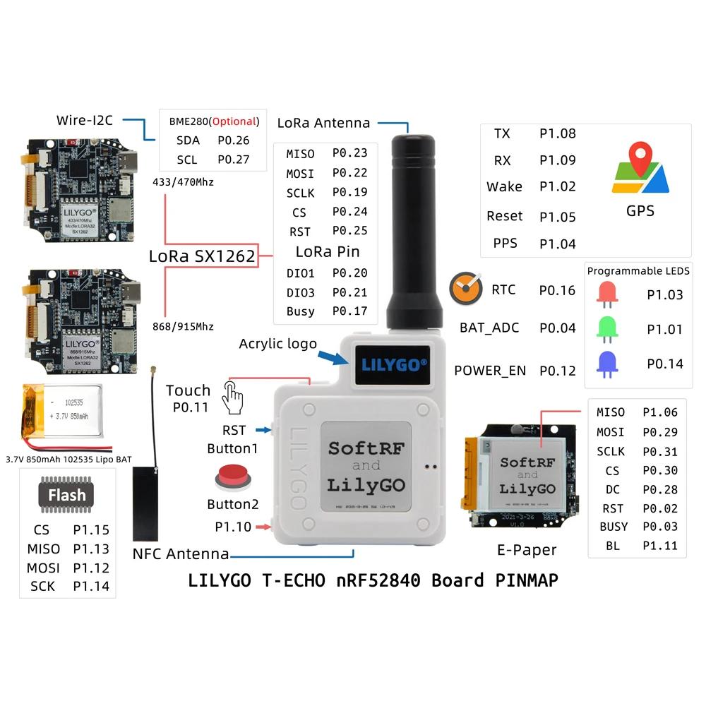LILYGO® TTGO SotfRF T-Echo – Module sans fil SotfRF t-echo NRF52840 LoRa SX1262 433/868/915MHz L76K