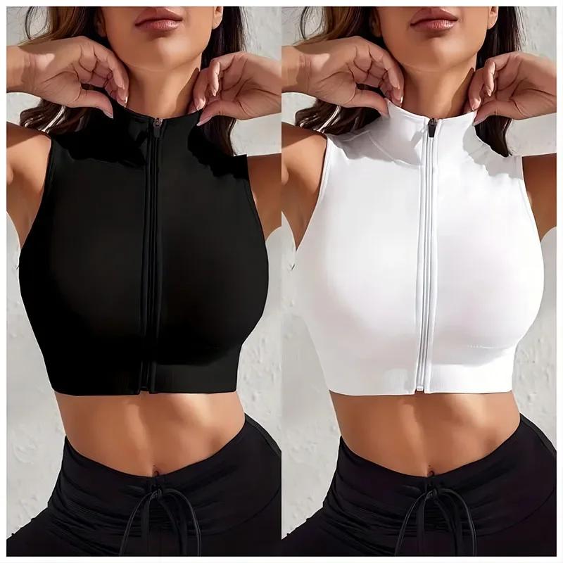 Femmes 2 pièces Ensemble près du corps respirant Sexy Yoga Zipper Exercice Fitness Gilet Top