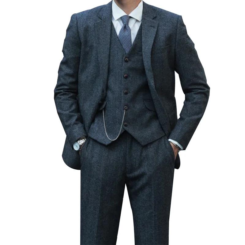 Costume trois pièces rétro britannique Yuppie pour hommes, Style Peaky Blinders, en laine Tweed, à c
