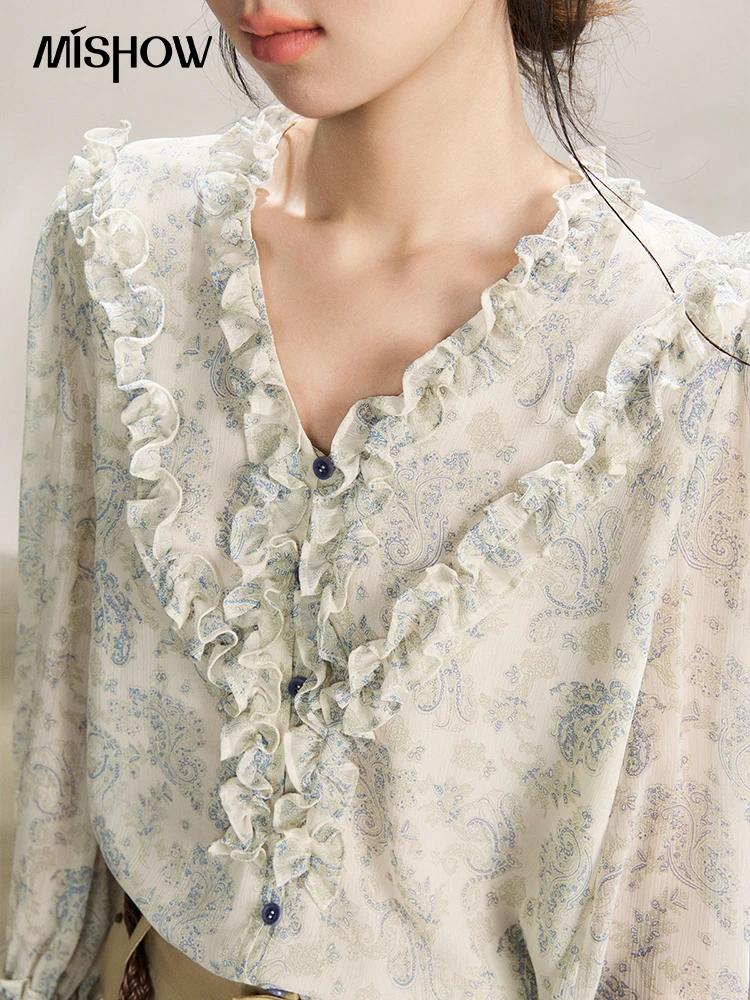 MISHOW – chemisier à volants pour femmes, bleu clair, imprimé Paisley, col en v, manches longues, en