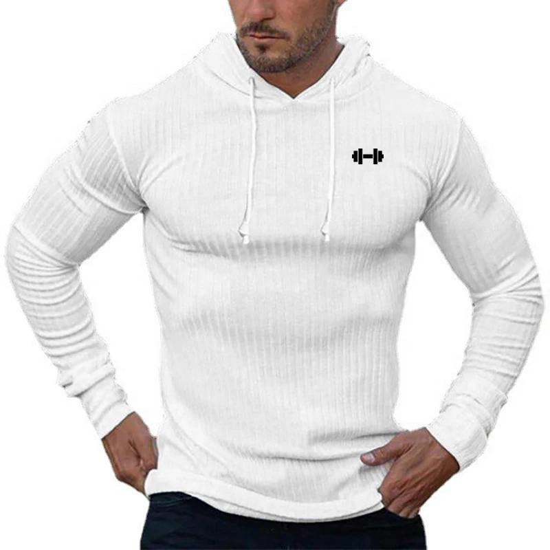 Automne rayé tricoté coupe ajustée chemise à capuche salle de Sport musculation Fitness à manches lo