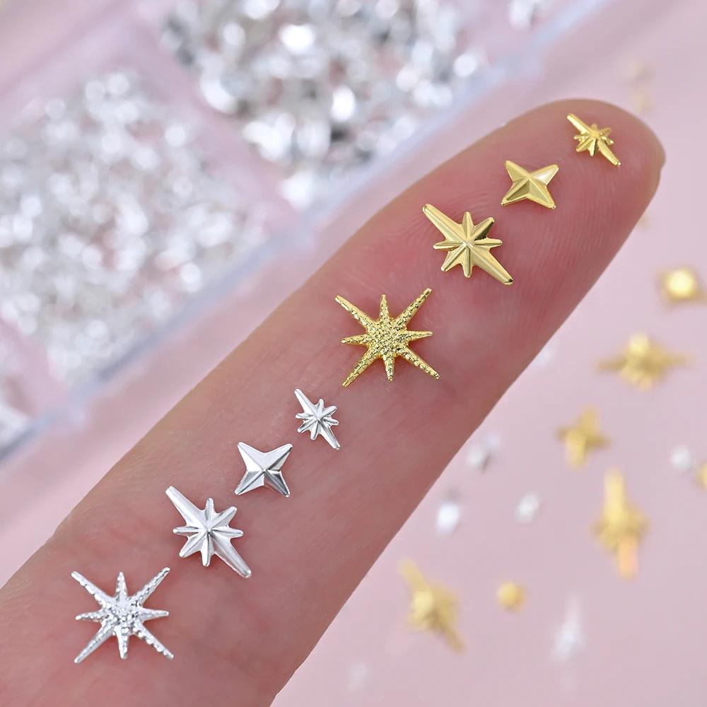 Breloques étoiles métalliques 3D pour Nail Art, 12 grilles, or/argent, Starlight, croix, Rivets, déc