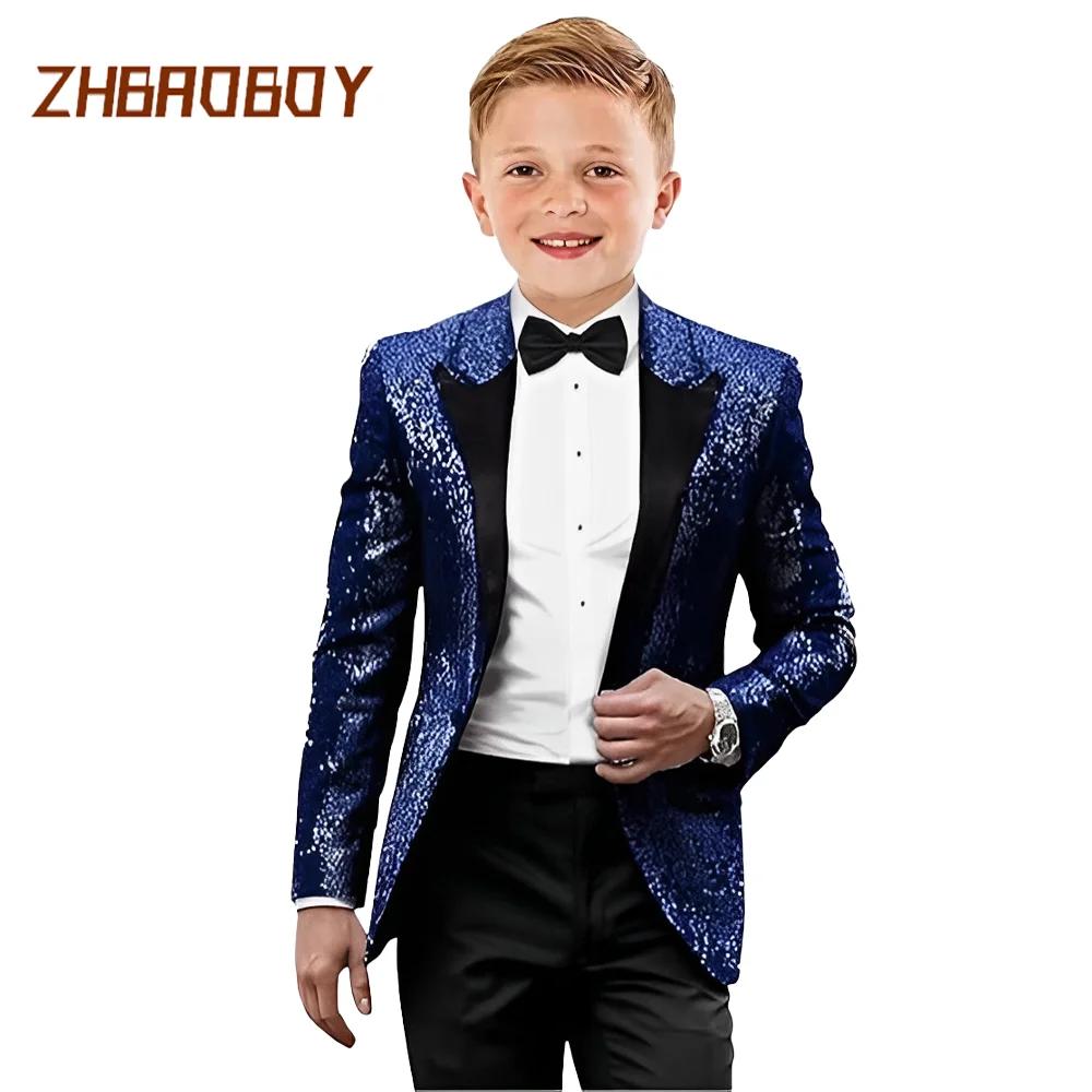 Costumes de smoking pour enfants, 2 pièces, à paillettes, coupe cintrée, vêtements formels, fête de