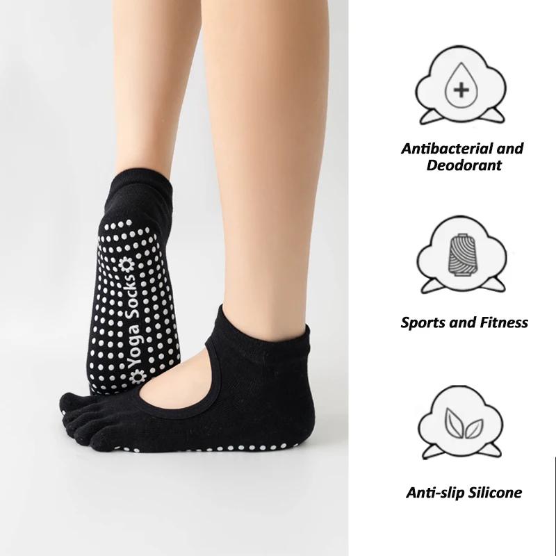 Chaussettes de Yoga dos nu à cinq orteils pour femmes, en coton, antidérapantes, pour Fitness, Pilat