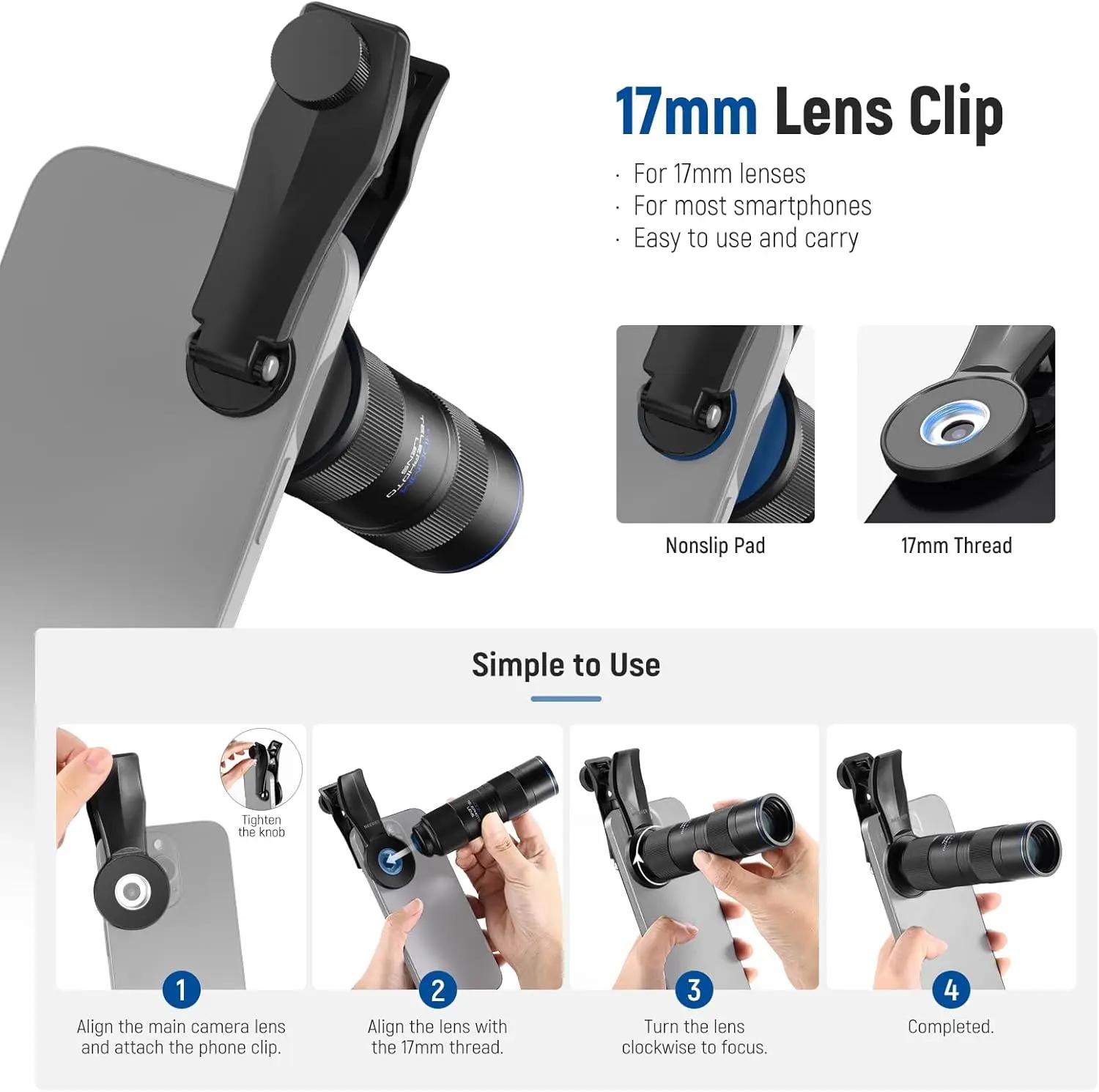 NEEWER – téléobjectif de caméra de téléphone 400mm, avec Clip d'objectif fileté de 17mm, Distance de