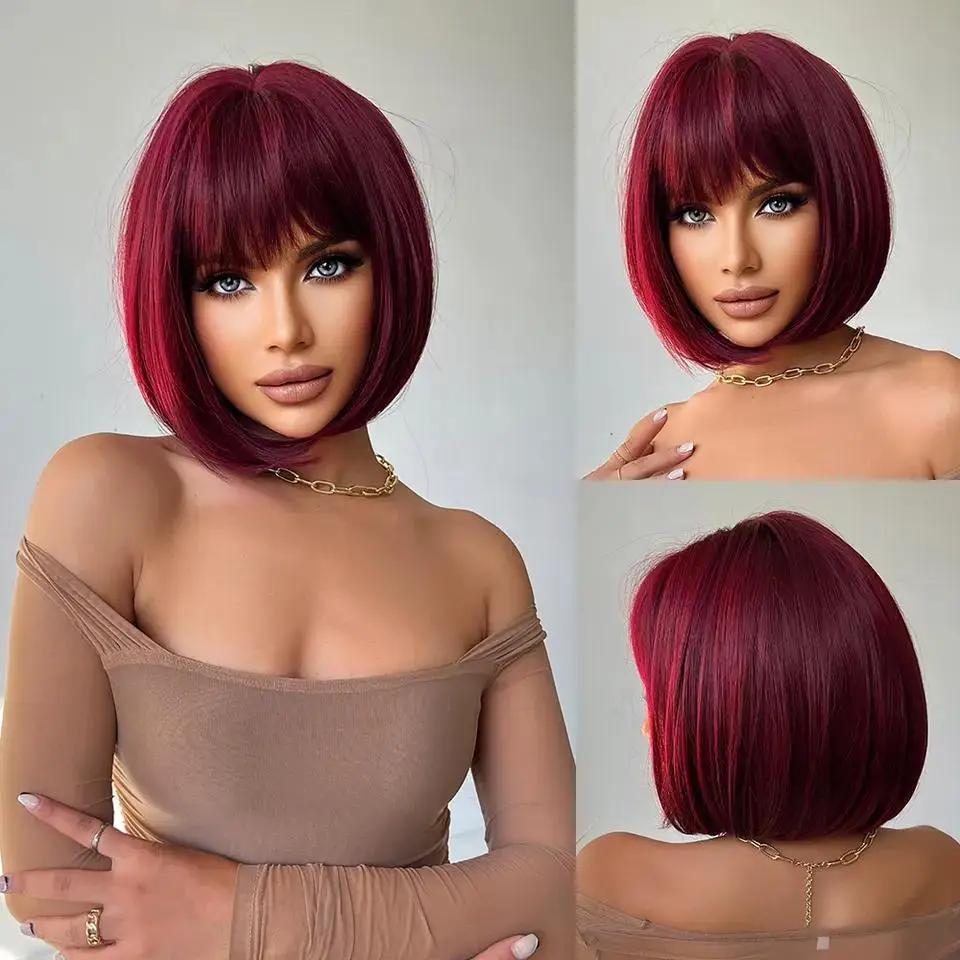 Perruque synthétique de coiffure bob rouge vin à la mode pour la fête, perruque de cosplay d'Hallowe