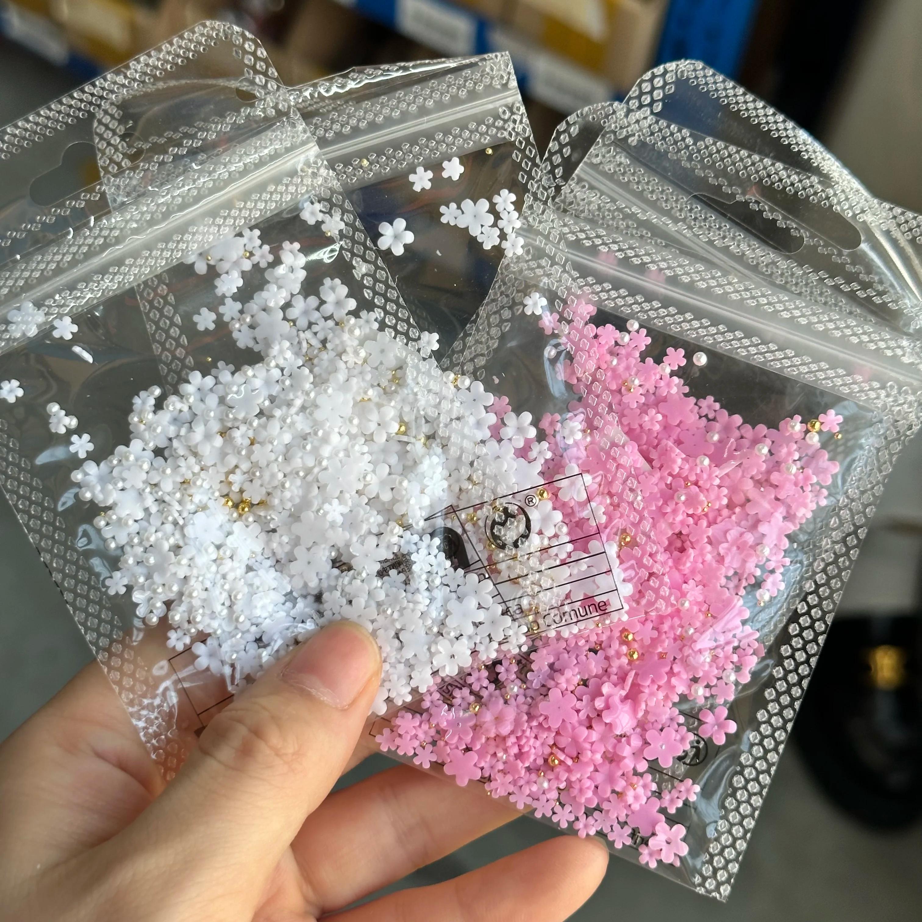 500 pièces + rose blanc 3D acrylique fleurs Nail Art breloques résine cinq pétales fleur ongles stra