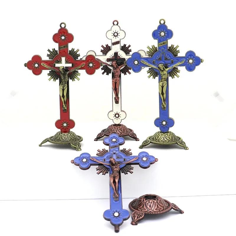 Figurines de reliques d'église, Crucifix de jésus-Christ sur le support, croix murale, décoration de