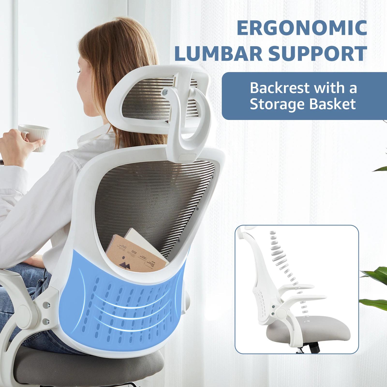 JHK – chaise de bureau ergonomique en maille, bras rabattables, appui-tête réglables, Support lombai