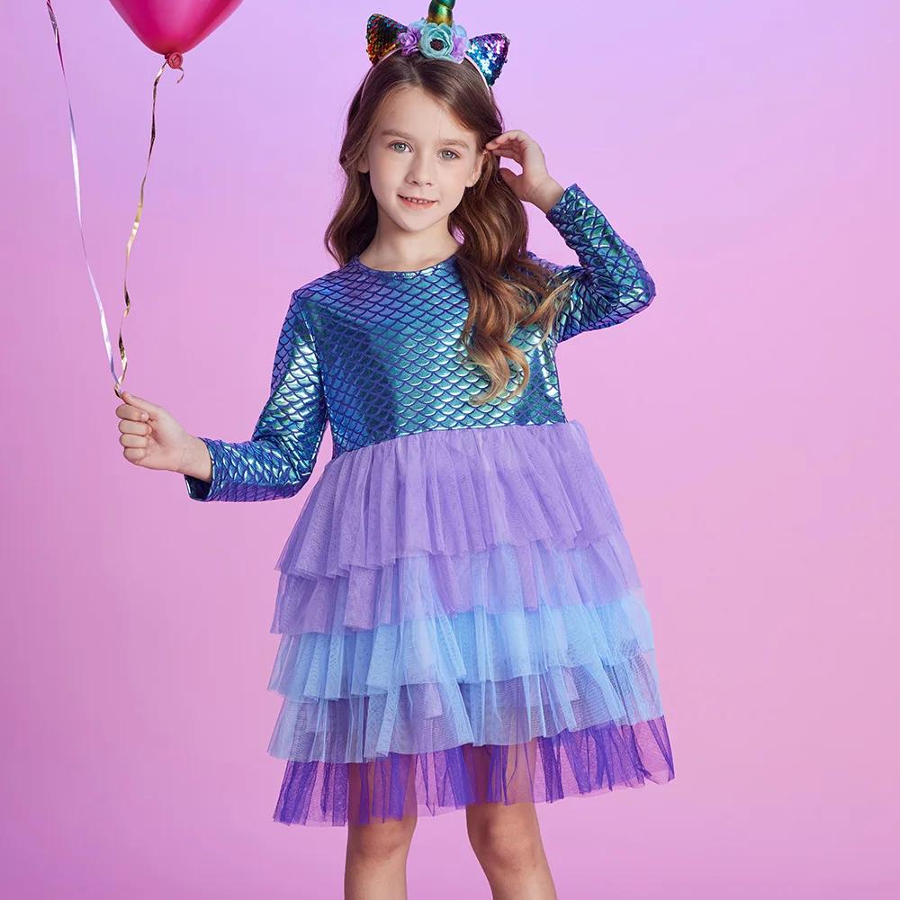 VIKITA filles robe imprimée sirène enfants couches maille Tulle gâteau robe de bal Tutu robes fille