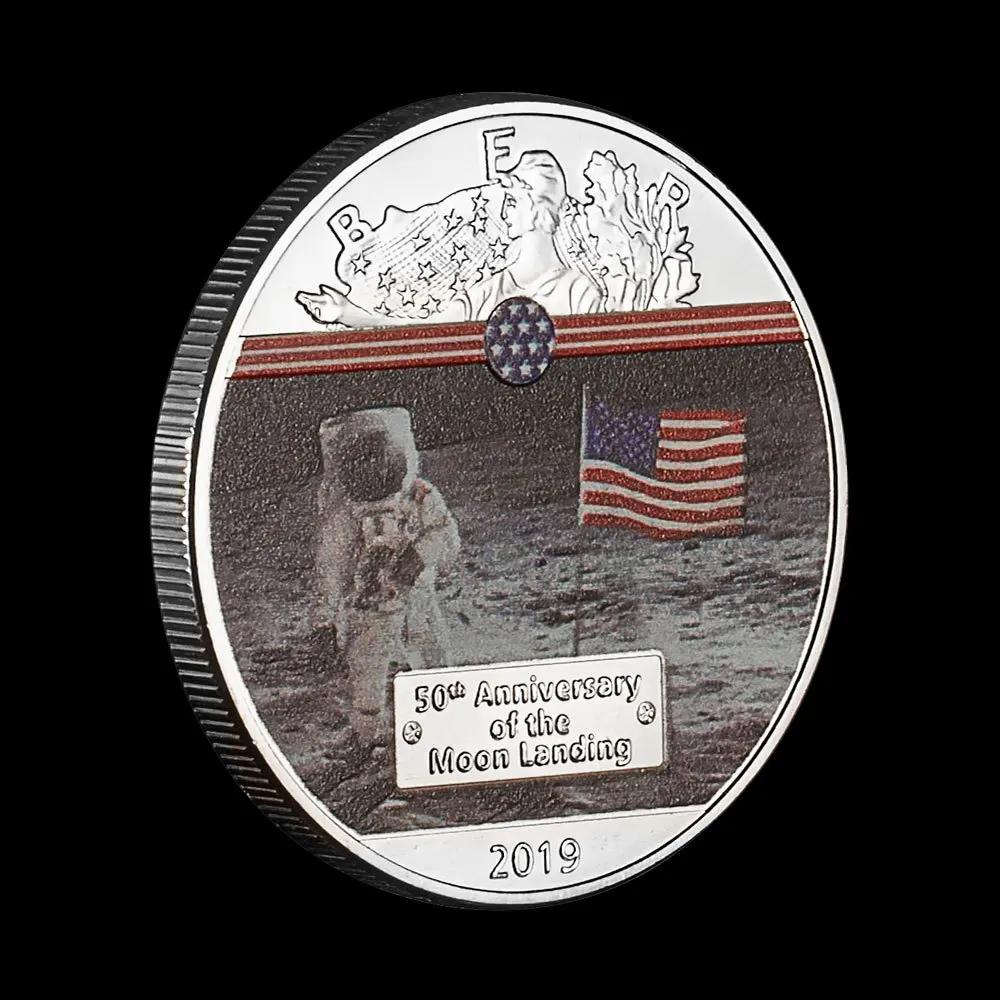 50e anniversaire de l'atterrissage de la lune 2019 pièce commémorative plaquée colorée cadeau de col