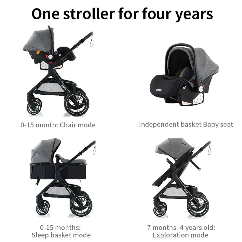 Poussette multifonction 3 en 1 pour bébé avec landau pliable compact, poussette légère, siège auto e