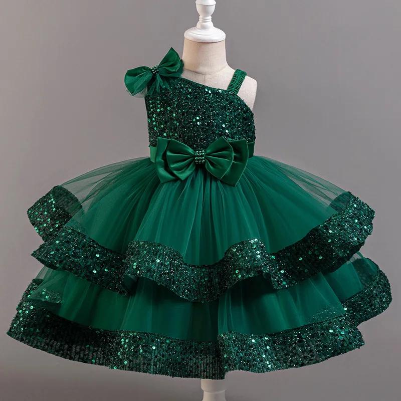 Robe de princesse en maille pour filles, avec nœud à paillettes, col irrégulier, pour fête d'anniver