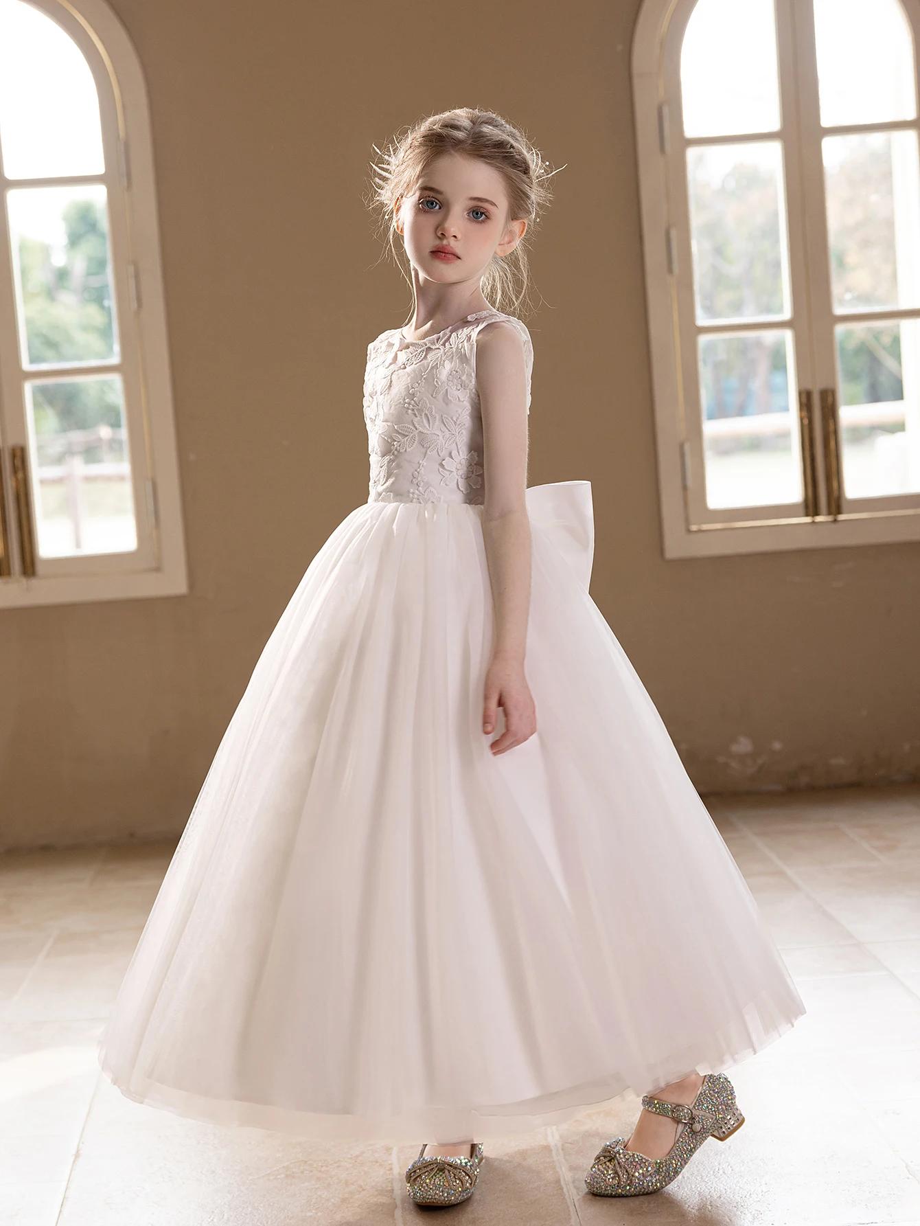 Robe de mariée en gaze blanche pour adolescentes, broderie en dentelle, grand nœud, robe de soirée g