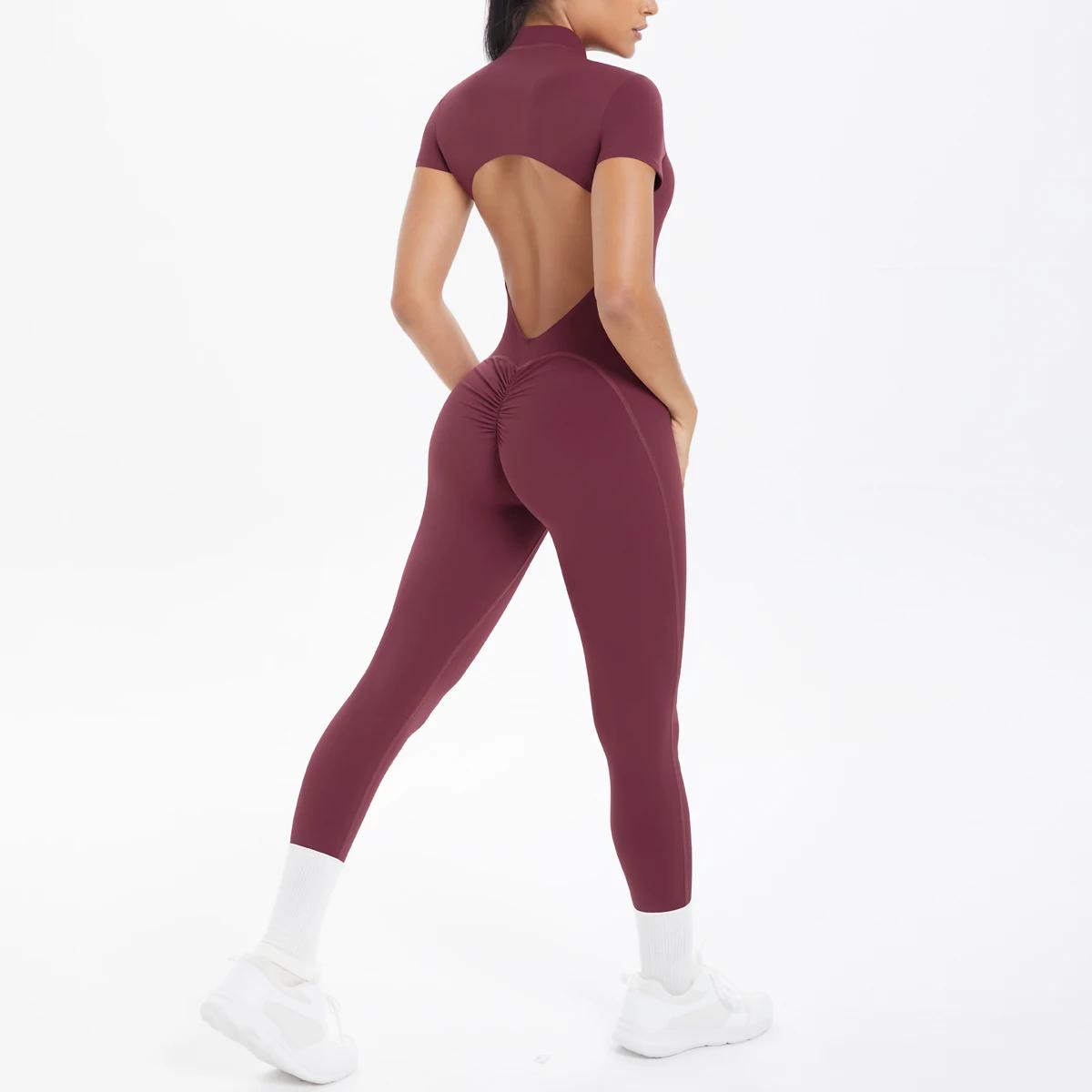 Combinaison de Fitness à manches courtes pour femmes, body dos nu, couleur unie, froissé, une pièce,