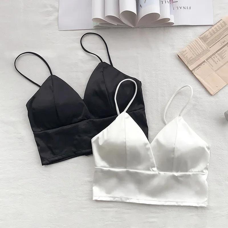 Haut court en Satin Sexy pour femmes, Bralette sans fil, Crochet, bretelles Spaghetti, T-shirt court