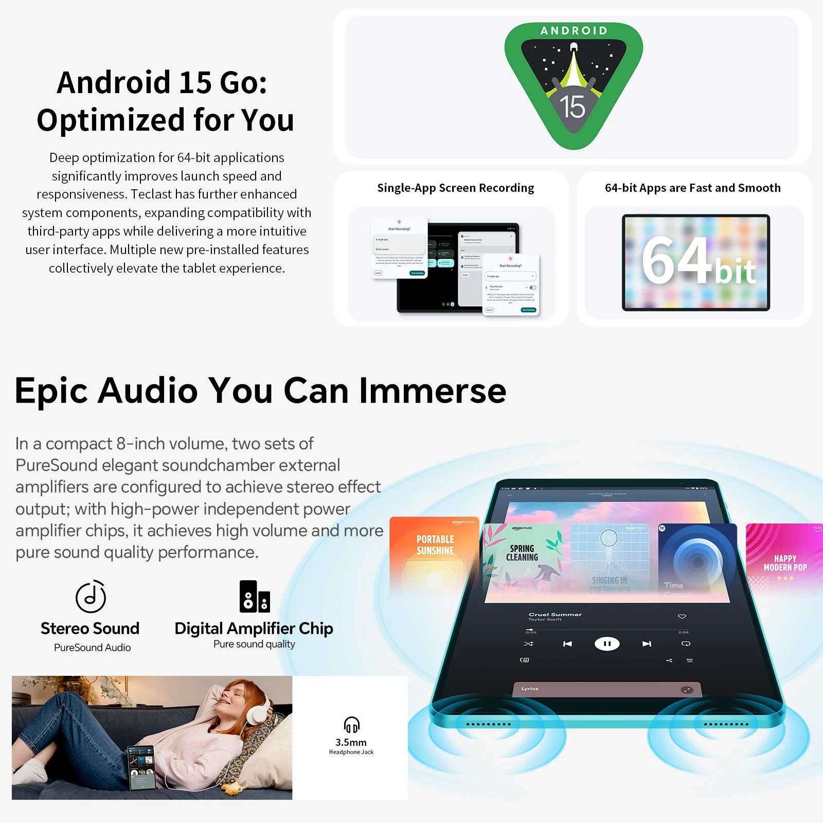 Teclast P85 Android 15 tablette 8 pouces IPS 3 + 6GB RAM 64GB ROM A333 5 cœurs Widevine L1 Wi-fi 6 t