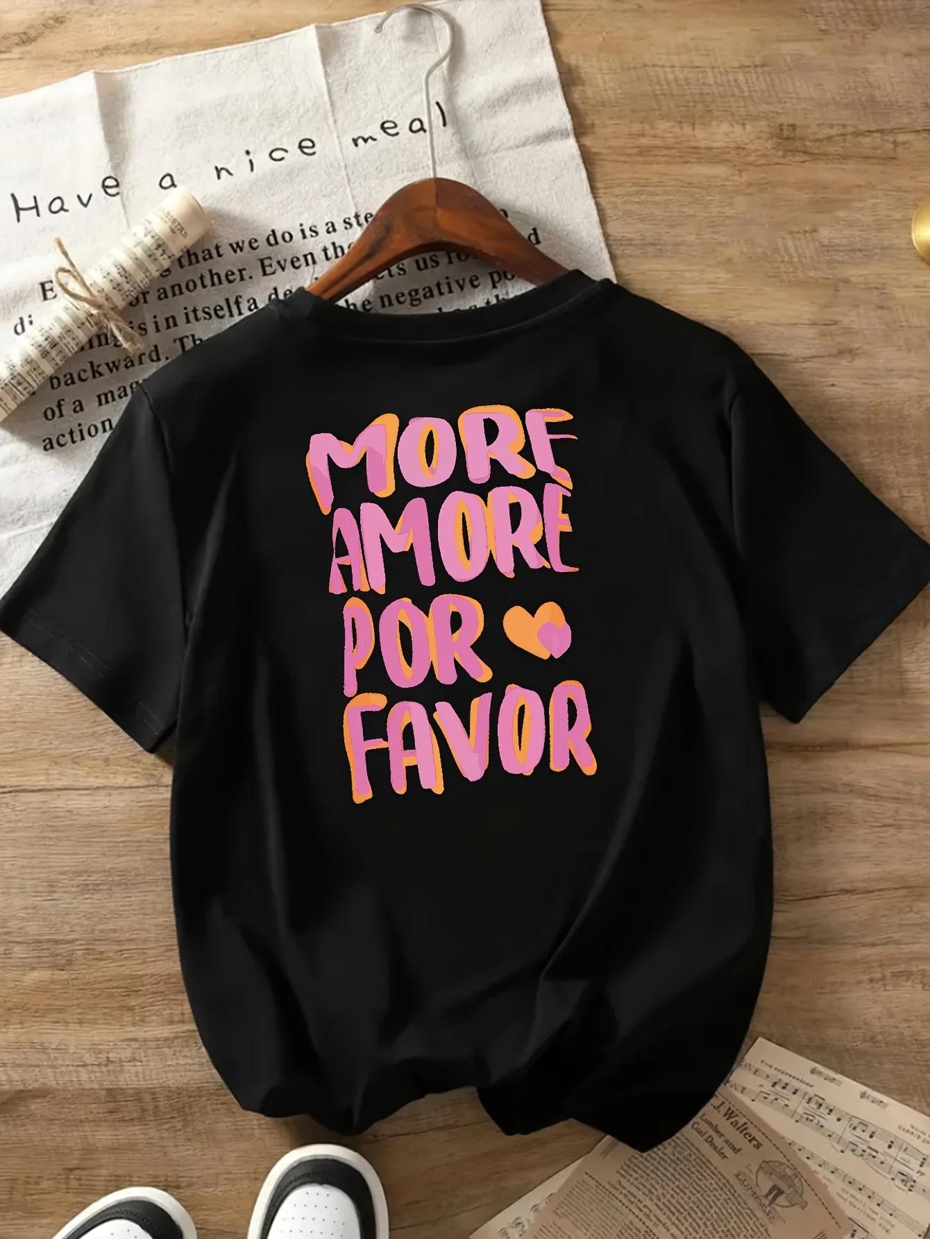 PLUS AMORE POR FAVOR T-Shirt manches courtes col rond femme imprimé rose avec coeurs Harajuku manche