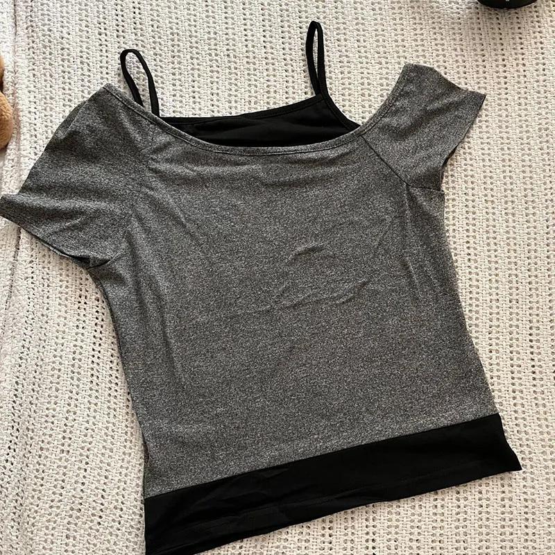 Y2k Slim Fit imprimé hauts femmes épaules dénudées à manches courtes t-shirt Neploe américain Vintag