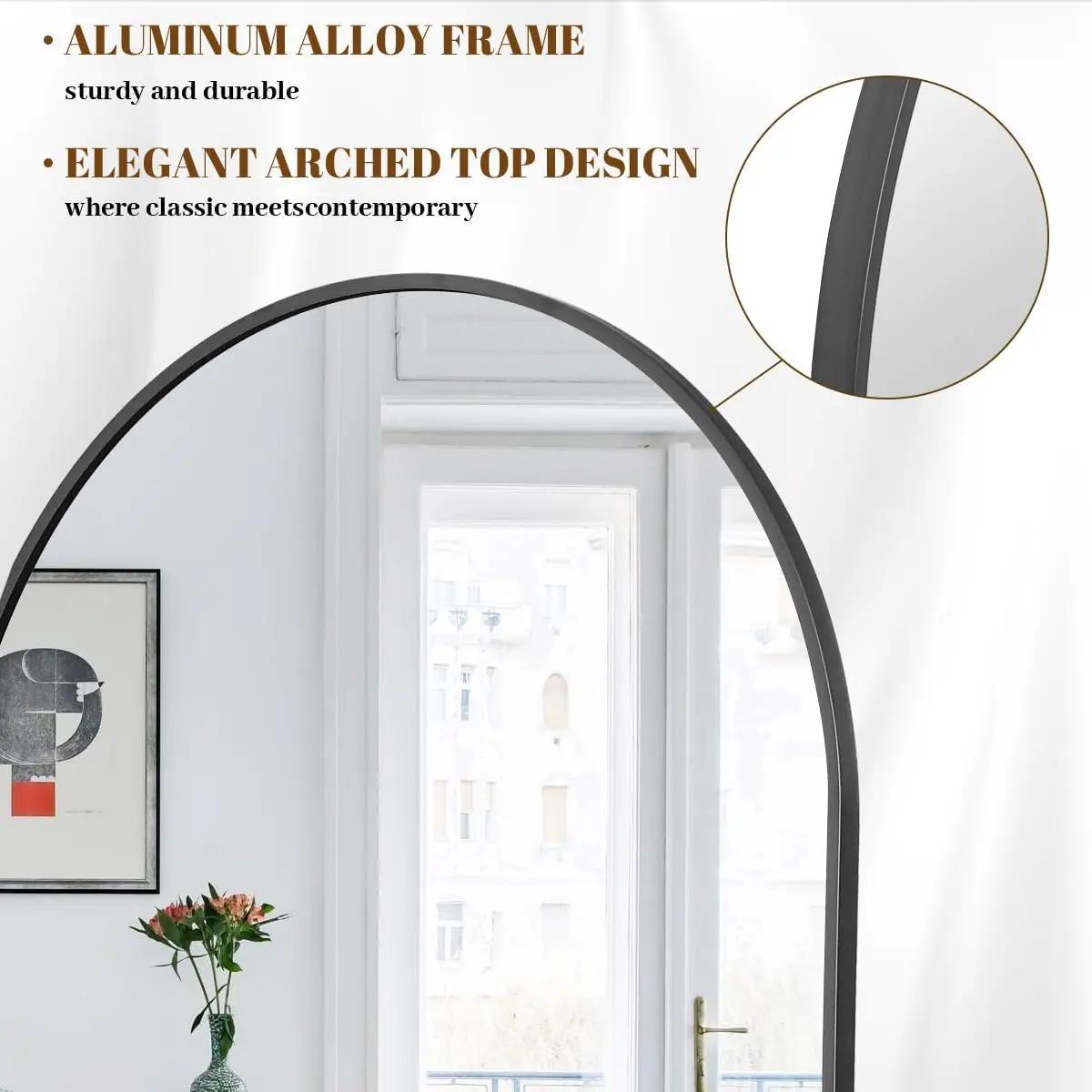 Miroir pleine longueur arqué, grand miroir de sol avec cadre en alliage d'aluminium, miroir sur pied