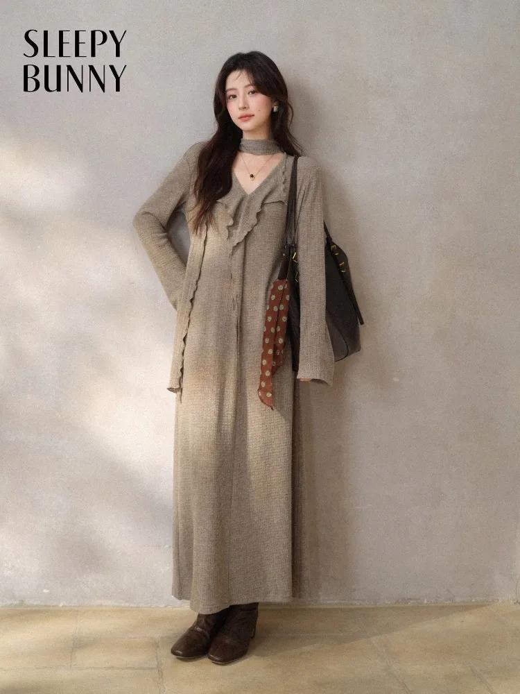 Robe française élégante en tricot, col en v, manches longues, élastique, Maxi, Design asymétrique, r
