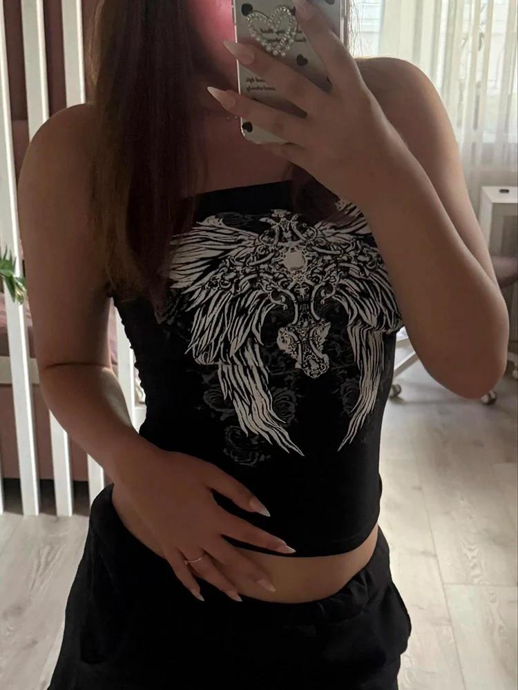 Haut tubulaire noir imprimé gothique pour femmes, sans bretelles, slim, court, décontracté, Chic, t-