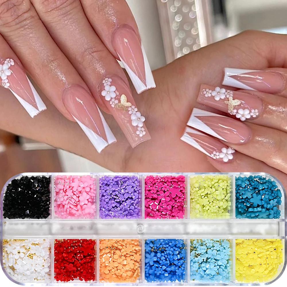 Breloques pour ongles en acrylique 3D, 12 grilles (avec perles en acier), fleurs colorées à cinq pét