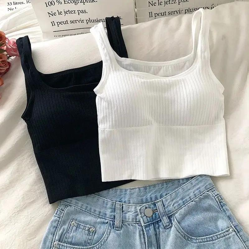 Crop top d'été pour femme, sans couture, col carré, bretelles larges, débardeur tricoté rayé, camiso