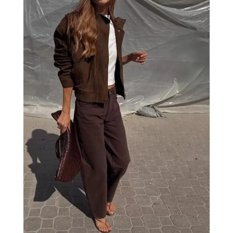 Femmes veste en cuir suédé avec poches automne mode col haut à manches longues bouton veste dame man