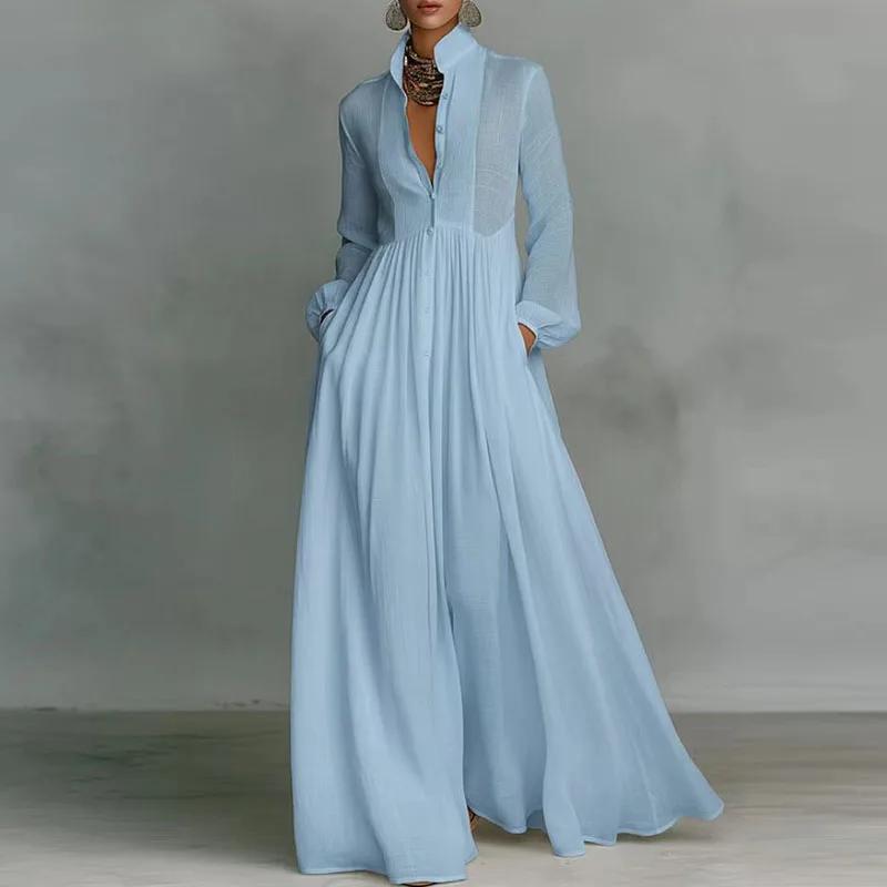 Robe longue élégante à taille haute pour femme, style swing, avec poches, plissée, pour le printemps