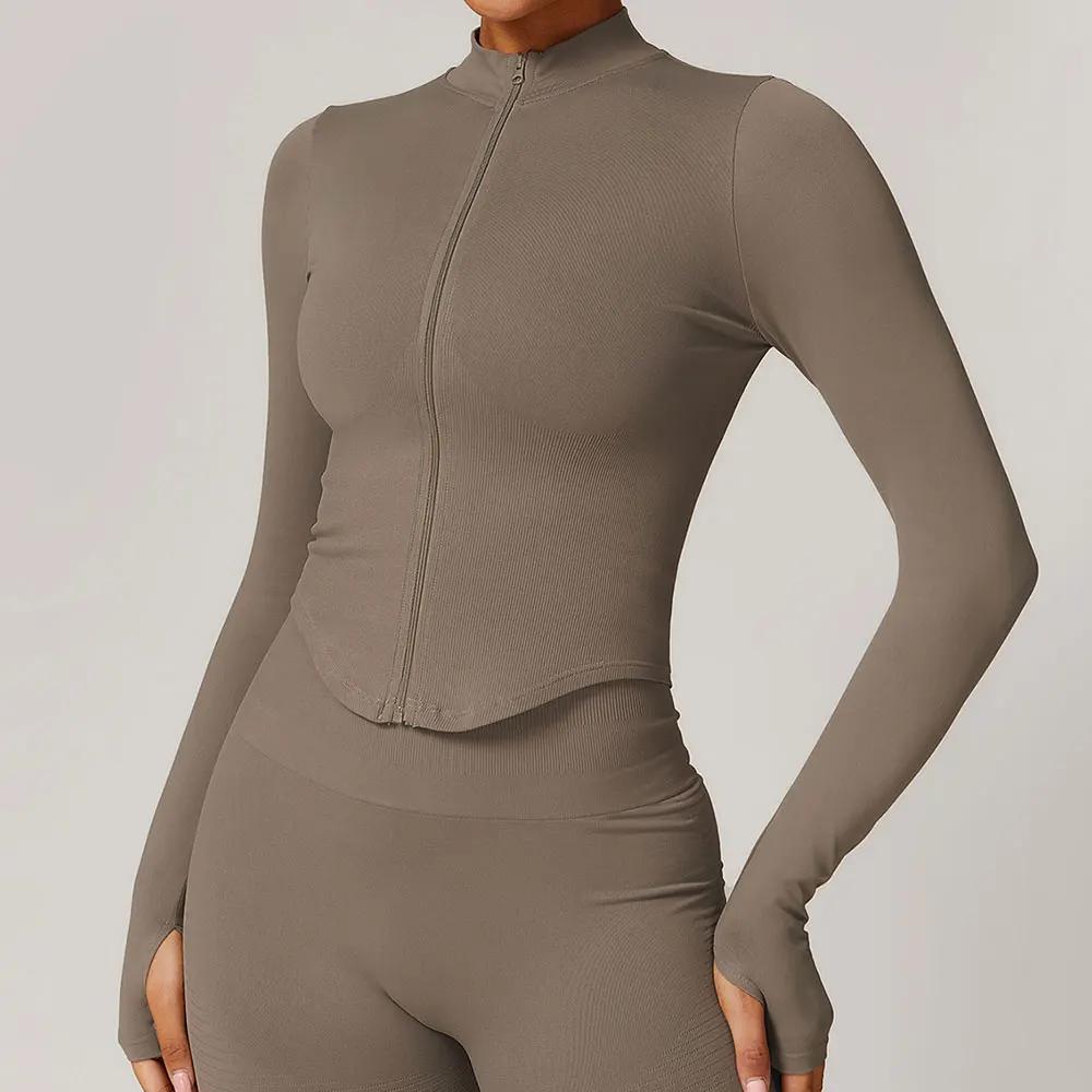 Veste à fermeture éclair pour femmes, haut court, T-shirts de Yoga, haut de Sport solide, chemises d