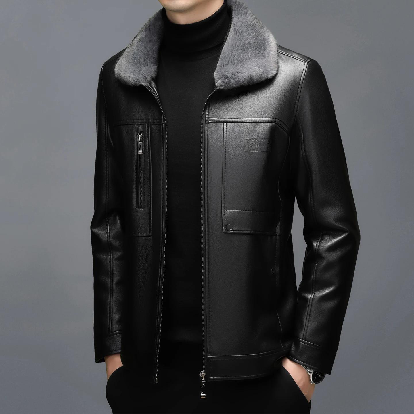 Manteau en cuir véritable pour hommes, avec fourrure, col une pièce, peau de mouton, haut court, épa