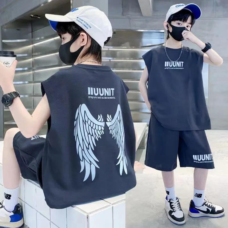 Ensemble d'été en coton pour adolescents garçons : T-shirt imprimé ailes et short (2 pièces) – Tenue