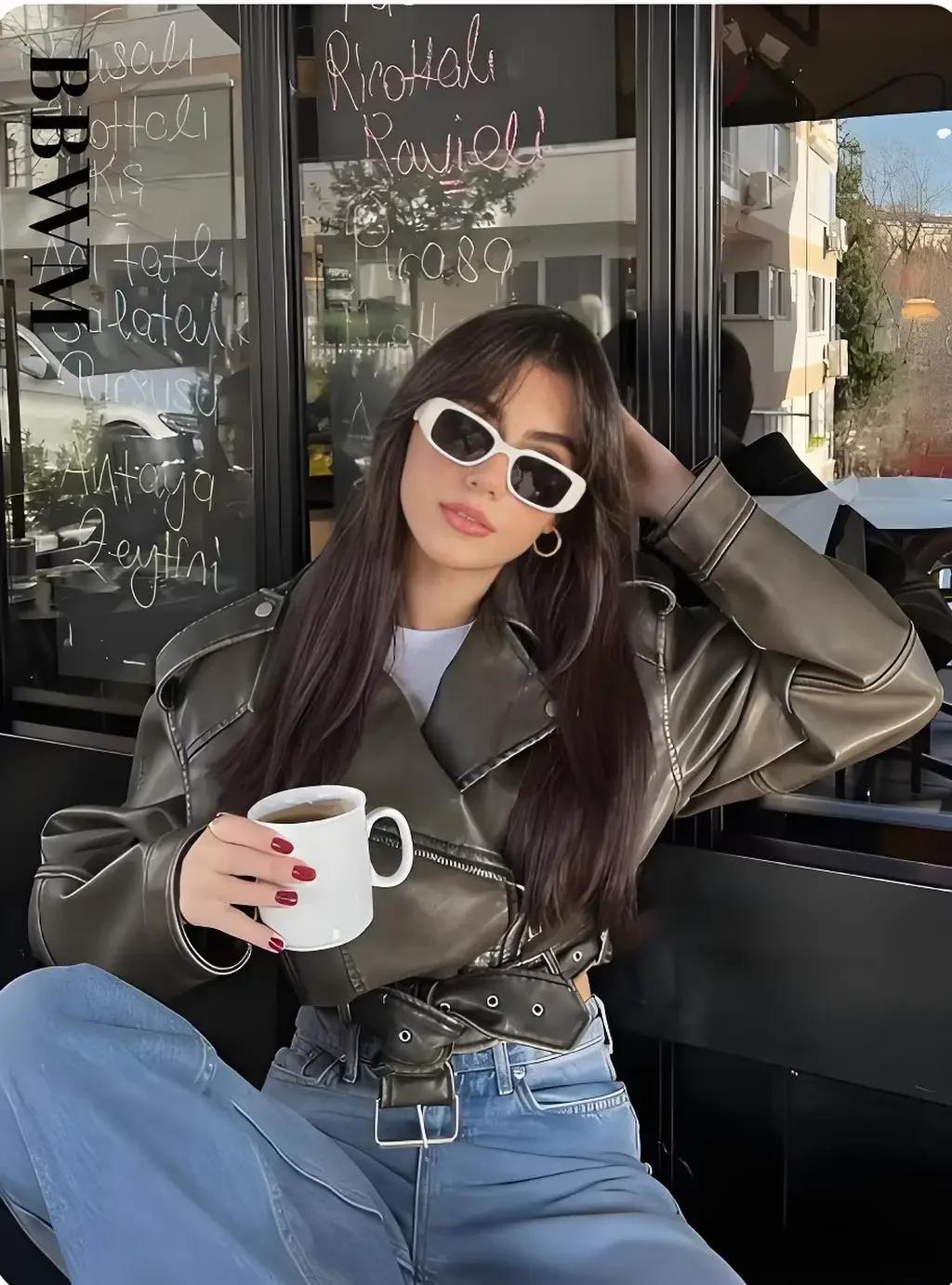 Femmes Vintage ample lavé Faux cuir veste courte Streetwear femme fermeture éclair ceinture Moto Bik