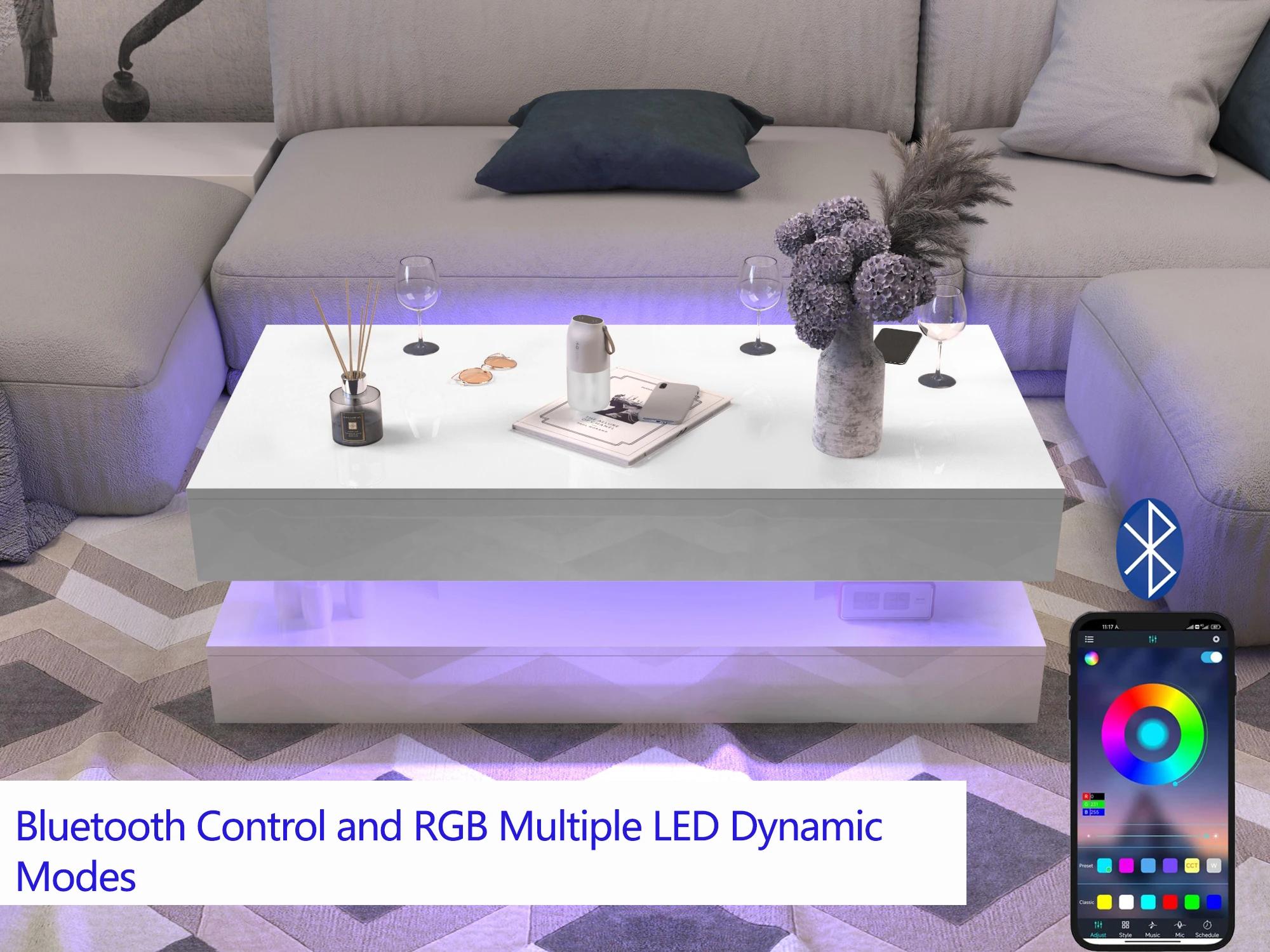 Table basse LED à haute brillance, table centrale moderne avec 2 rangements à proximité, 47,3 pouces