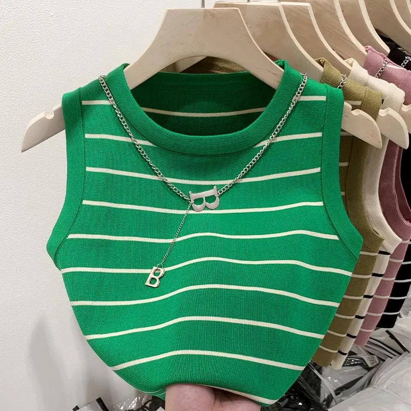 AOSSVIAO Nouveauté 2026 Gilet Femme Rayé à Bord Large, Haut d'Été Tricoté Court Sans Manches, Style