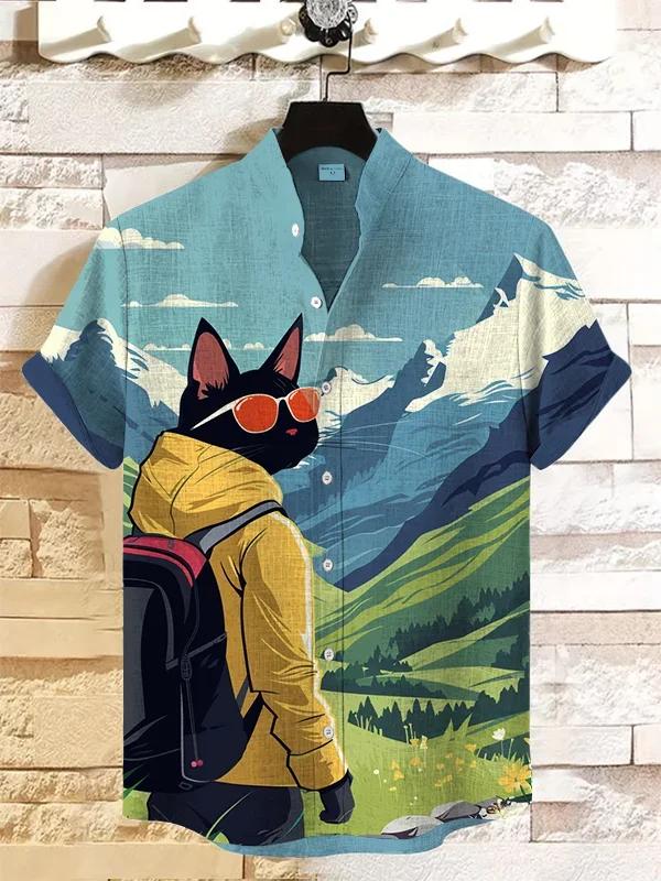 Chemise à manches courtes pour hommes, rétro, dessin animé, thème chat, hauts à manches courtes, mod