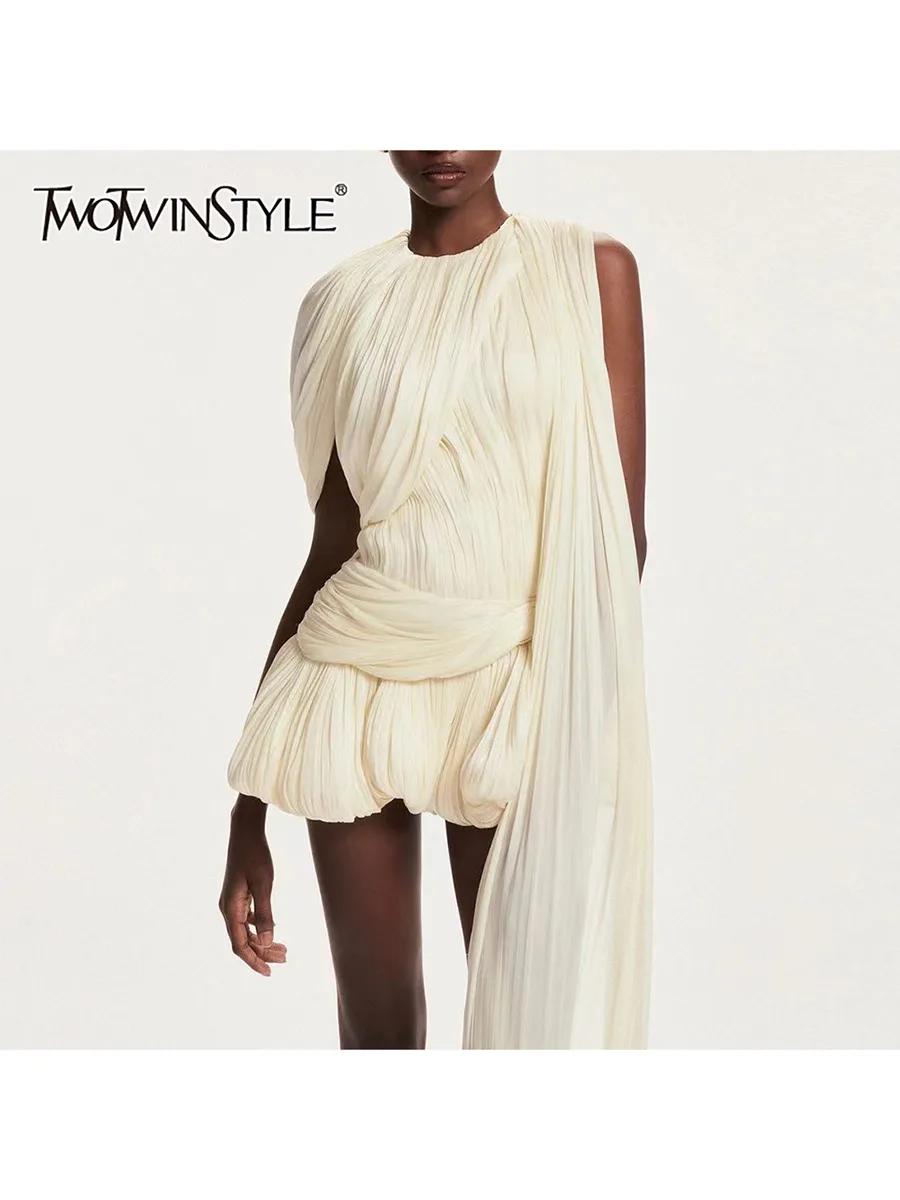 TWOTWINSTYLE – Mini robe en maille épissée pour femmes, col rond, sans manches, taille haute, tempér