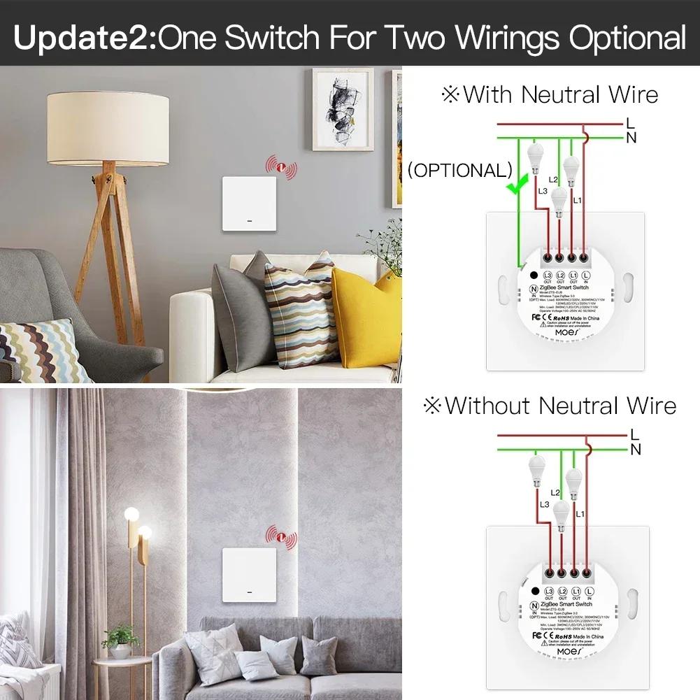 MOES – interrupteur d'éclairage intelligent Tuya ZigBee 2mqtt, 2/3 voies, sans fil neutre, aucun con