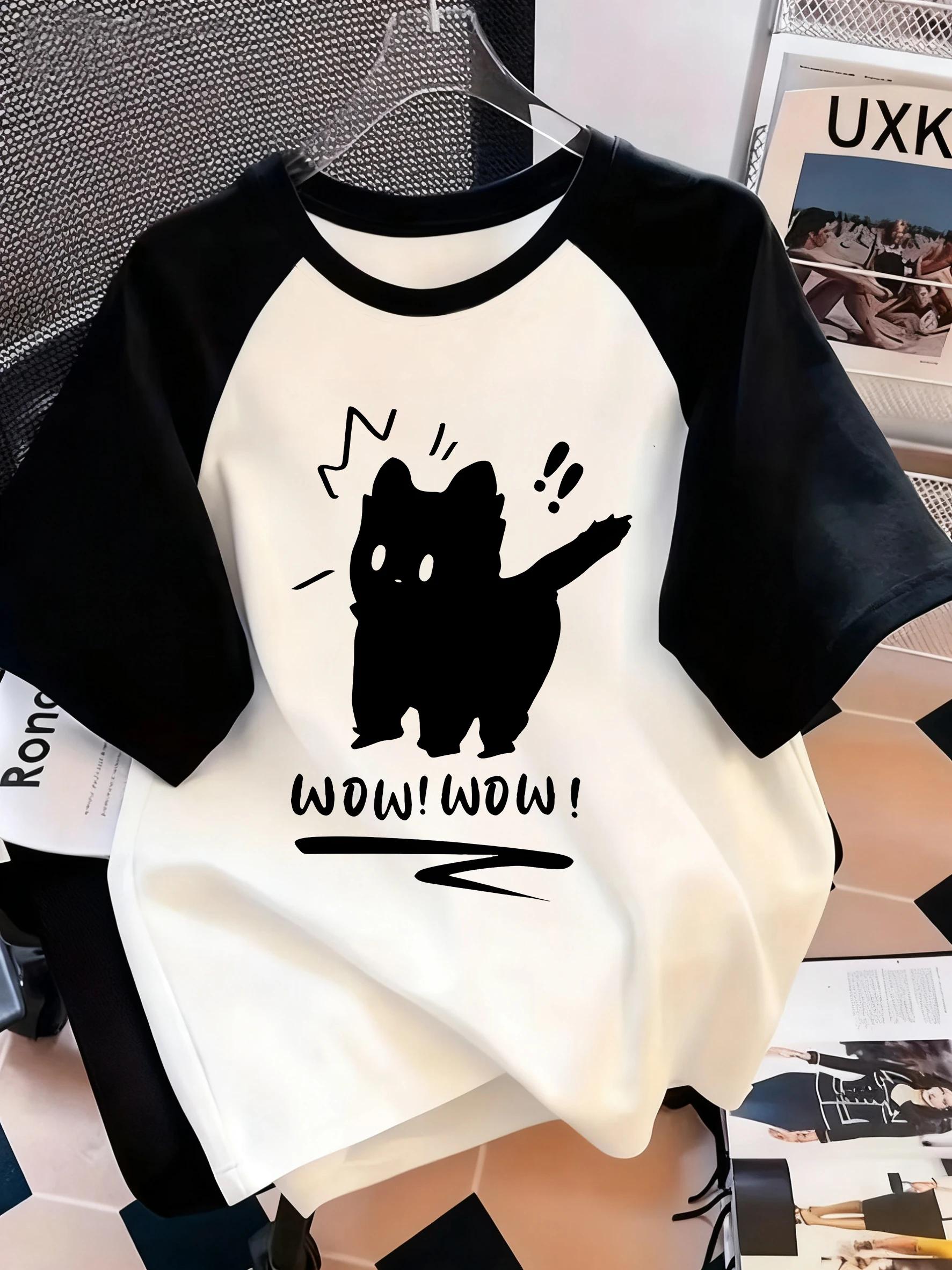 T-Shirt drôle avec lettres de chat imprimées, col rond, haut décontracté à manches courtes pour prin