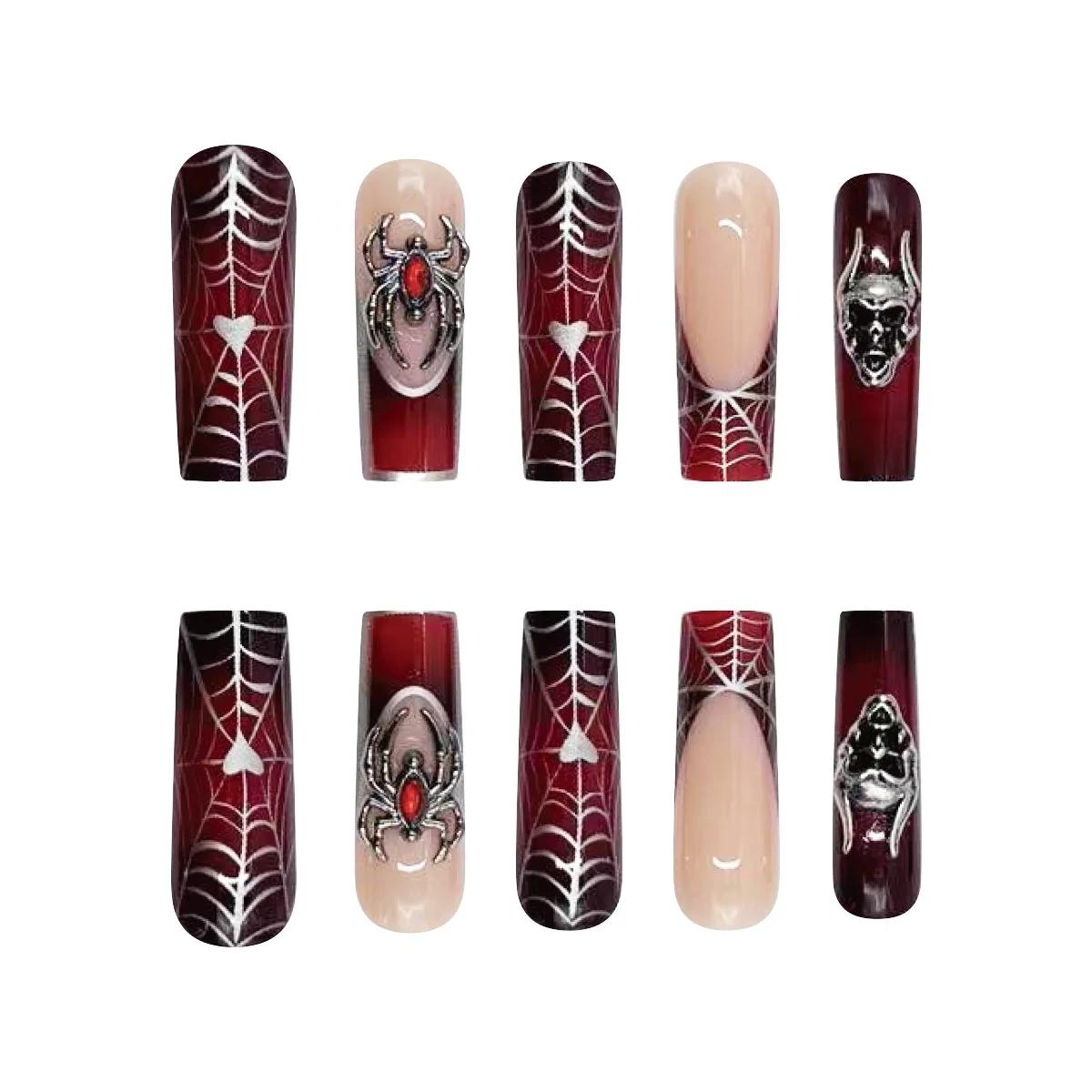 24 pièces français noir presse sur ongles Style Punk 3D araignée crâne conception faux ongles noir r