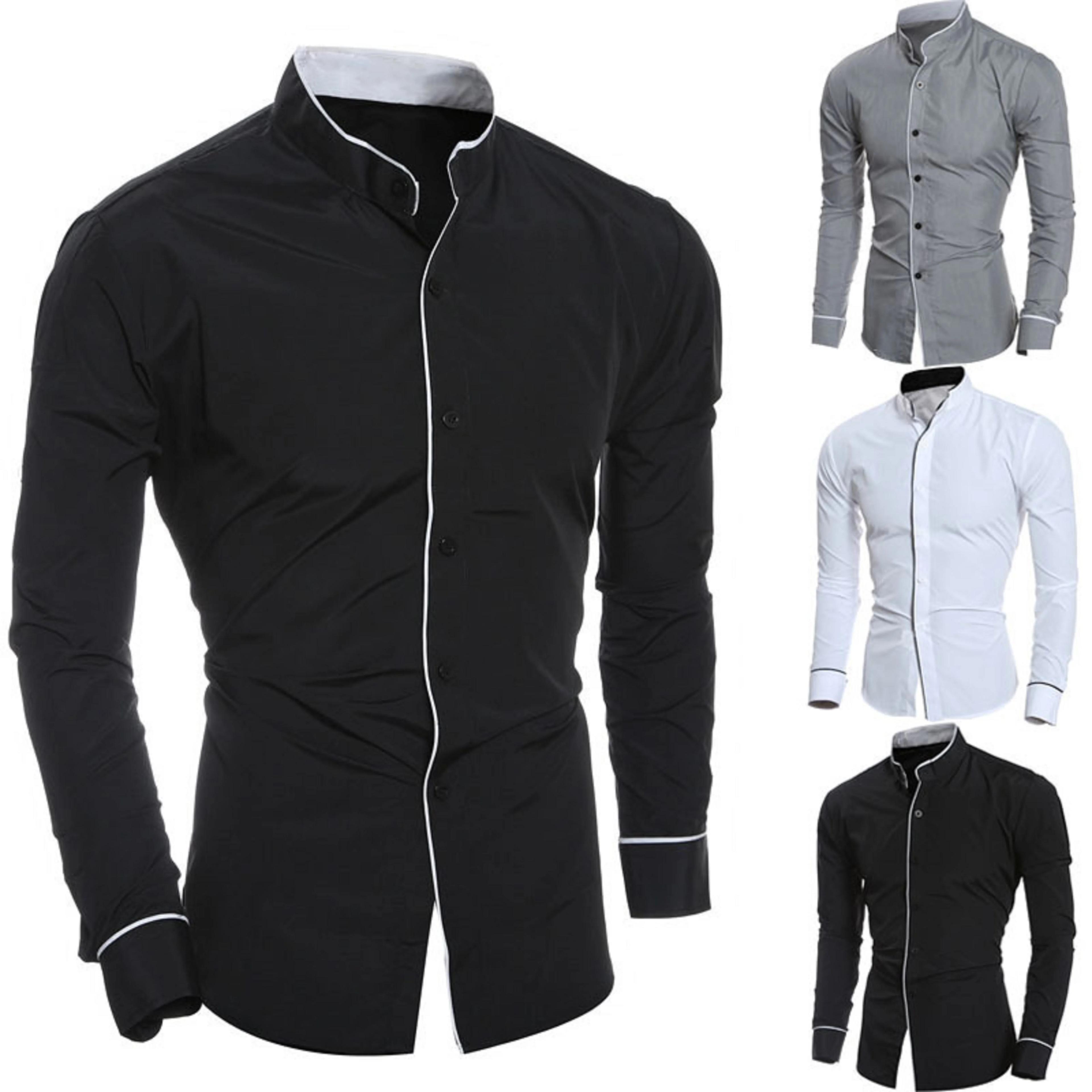 Chemise à manches longues monochromatique pour hommes, chemise couvertes à la mode, boutonnée, debou