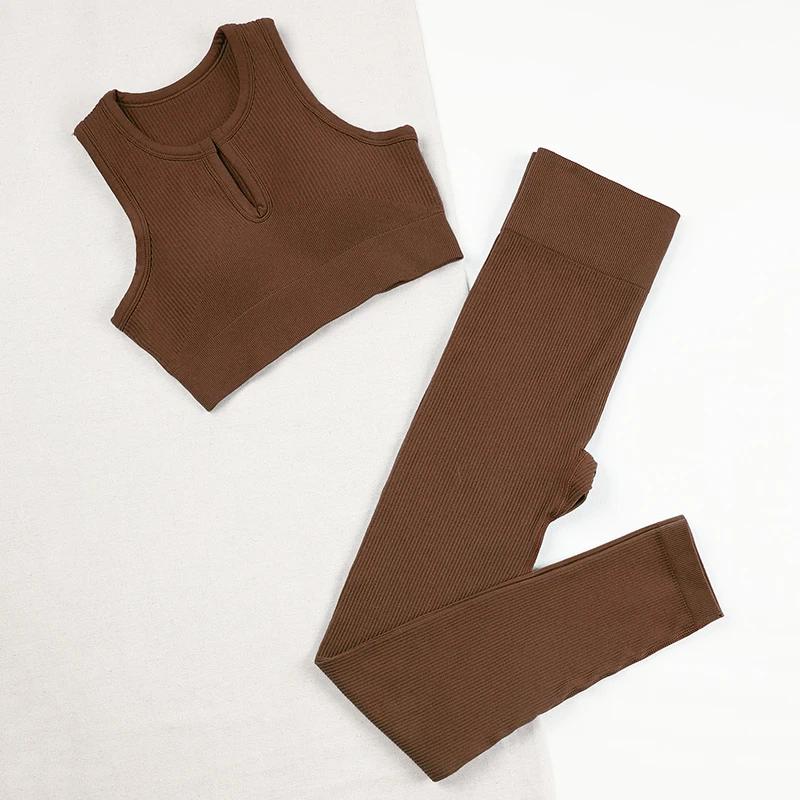 Tenue d'entraînement 2 pièces côtelée sans coutures femme - Ensemble yoga confortable leggings et débardeur
