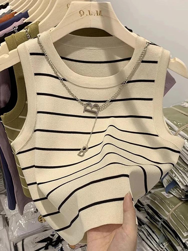 AOSSVIAO Nouveauté 2026 Gilet Femme Rayé à Bord Large, Haut d'Été Tricoté Court Sans Manches, Style