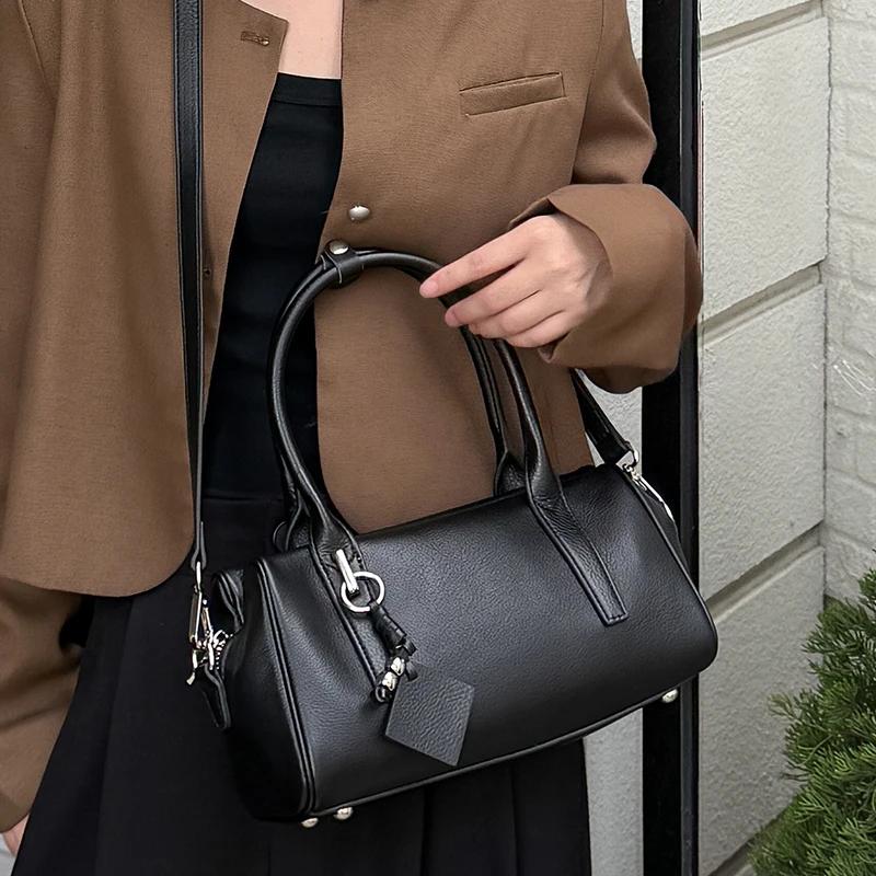 Sacs à bandoulière en cuir de vache véritable pour femmes, fourre-tout rétro Boston de styliste, sac