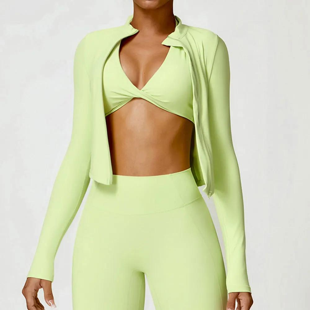 Chemise d'exercice de gymnastique pour femmes, vêtements de sport à manches longues, veste à fermetu