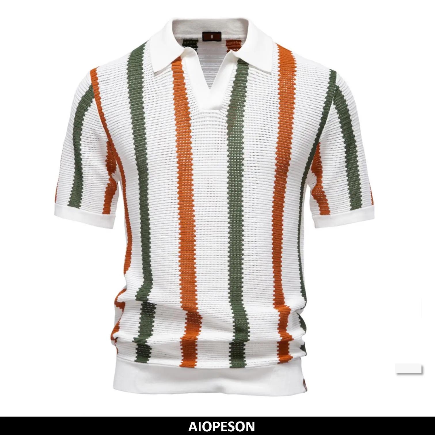 AIOPESON Polo en tricot côtelé pour homme pour tenue décontracté à rayures respirantes avec col conf