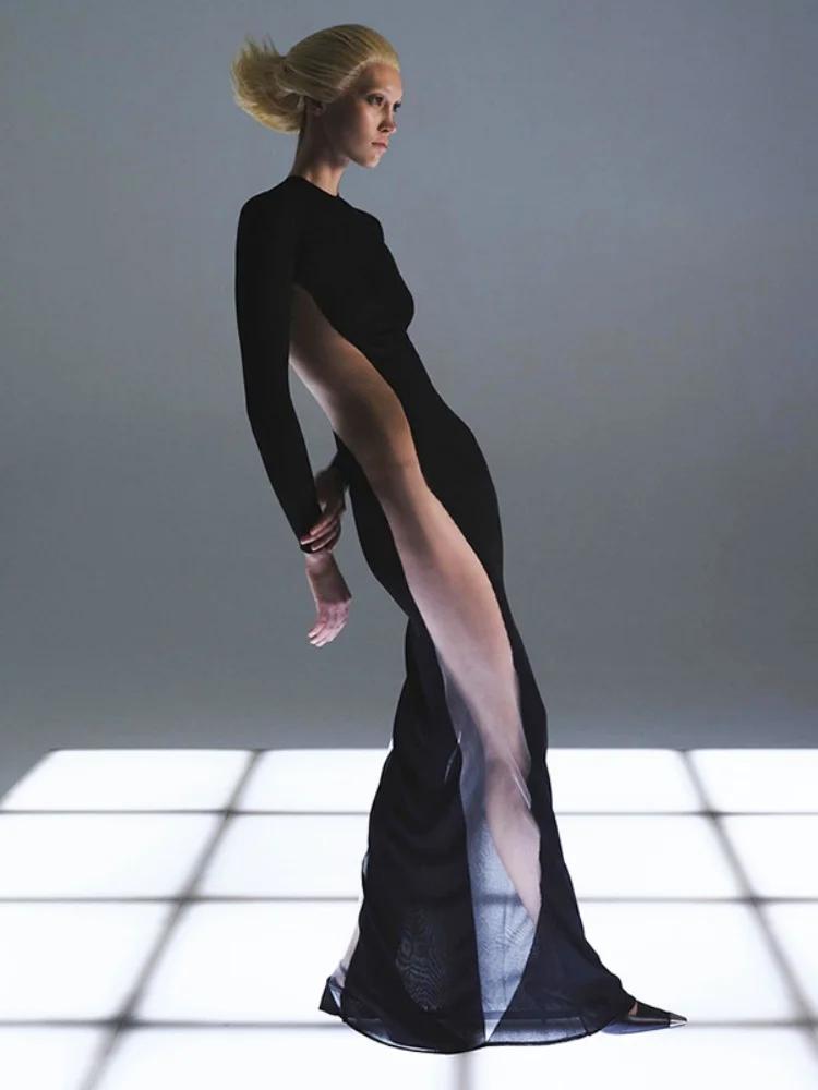 Robe transparente noire pour femme, pull long tambour, vêtements slim, streetwear sexy, patchwork en