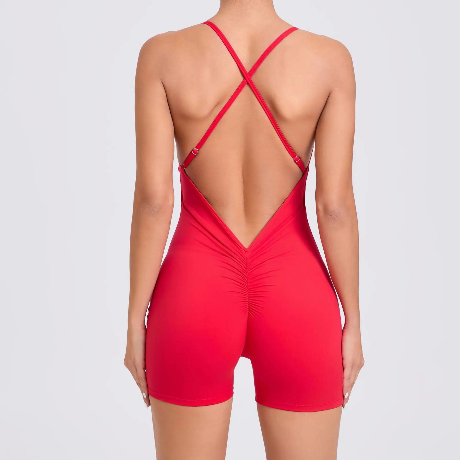 Combinaison de yoga dos nu pour femme, ensemble de shorts, vêtements de sport siamois, fitness sport